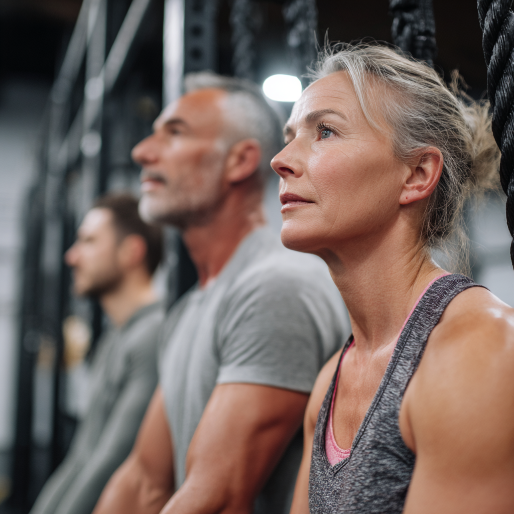 middle aged adults doing functional training exercises