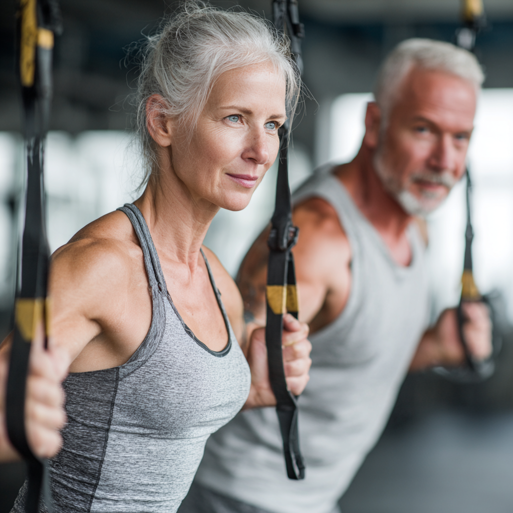 professional fitness trainers working with mature adults